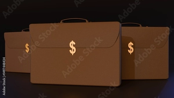 Fototapeta A 3d rendering of isolated, closed and rectangular briefcase, positioned prominently on the front flap is a shiny, gold-colored dollar sign.