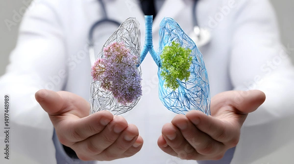 Fototapeta Doctor holding a highly detailed, hyper-realistic 3D model of a human heart, representing medical innovation, healthcare education, and advanced anatomical visualization.
