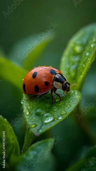 Fototapeta A close-up of a small red ladybug with black spots on a green leaf in nature