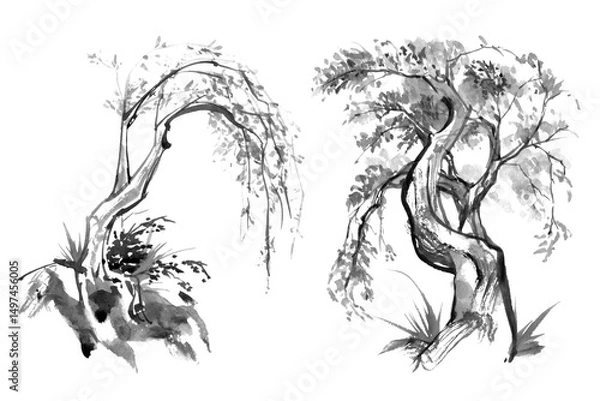 Fototapeta Watercolor and ink brush painting of trees in a monochrome oriental Chinese style.