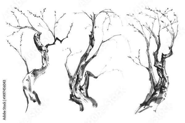 Fototapeta Watercolor and ink brush painting of a dry tree branch in monochrome