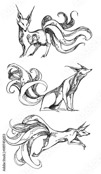Fototapeta Line art of a nine-tailed fox with abstract decorative line and tone