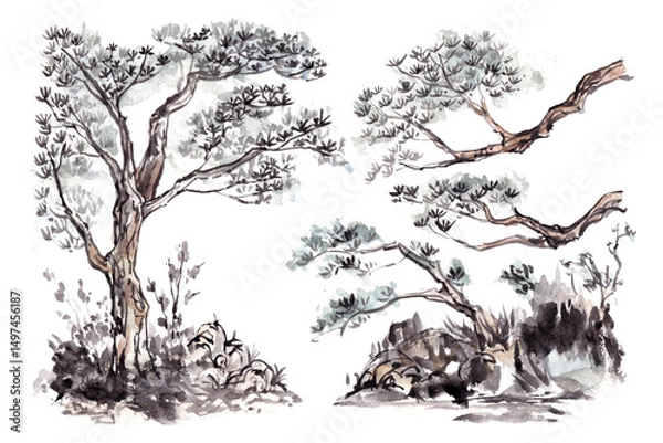 Fototapeta Watercolor and ink painting of a tree and branches with a light color wash .