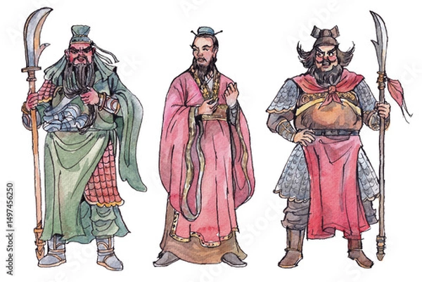 Fototapeta Watercolor and ink portraits of Guan Yu, Liu Bei, and Zhang Fei standing