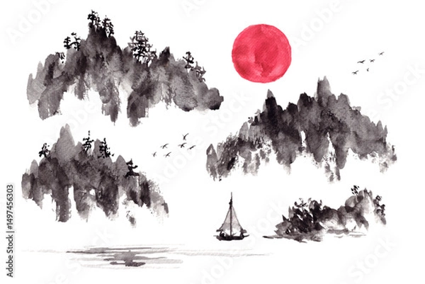 Fototapeta  Watercolor and ink elements of mountains, a boat, and a red sun in oriental Chinese style.