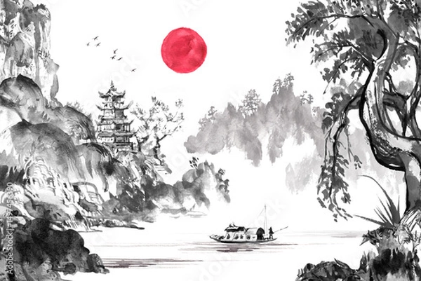 Fototapeta Watercolor and ink painting of a calm mountain scene with a pagoda and red sun in oriental Chinese style.