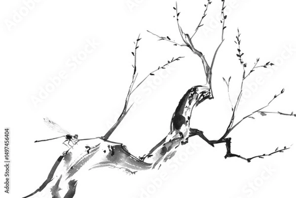 Fototapeta Minimalist watercolor and ink painting of a dry branch with a dragonfly in oriental Chinese style.