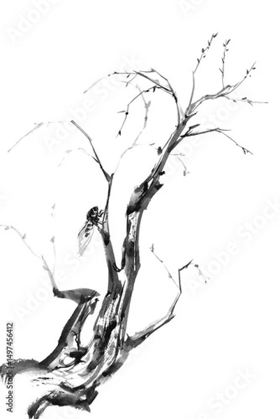 Fototapeta Minimalist watercolor and ink painting of a dry branch with a cicada in oriental Chinese style.