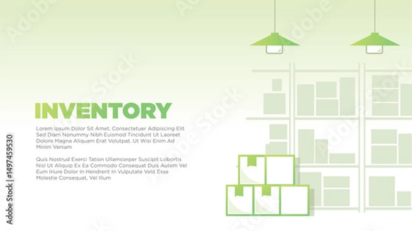 Obraz stack of cardboad with abstract goods arranged on warehouse shelves and lighting for inventory concept. clean coorporate screen size for print, presentation or web template vector illustration