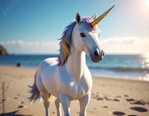 Obraz White unicorn with rainbow mane on sandy beach, summer fantasy.