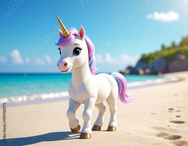 Obraz Cute cartoon unicorn enjoying a sunny day at the beach. Perfect for kids' content.