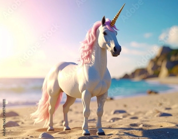 Obraz Magical unicorn with pink mane and tail on a beautiful beach at sunset.