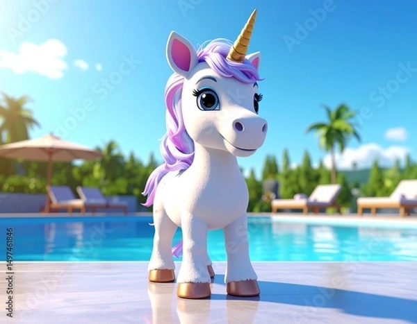 Obraz Adorable 3D render of a unicorn enjoying a sunny day by the pool. Perfect for summer themes.