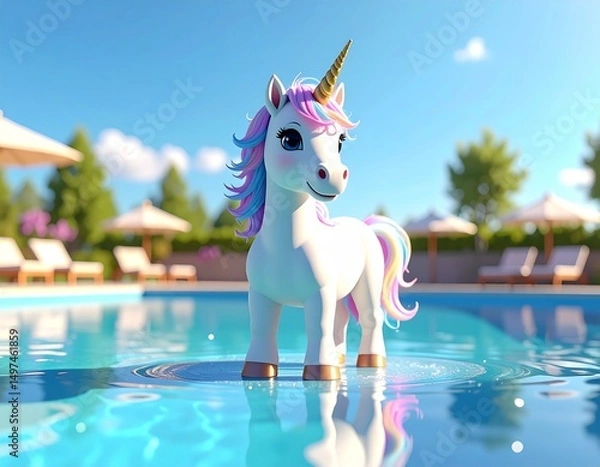 Obraz Adorable 3D render of a unicorn enjoying a sunny day by the pool. Perfect for summer themes.