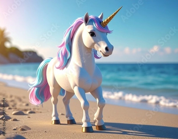 Obraz Cute unicorn enjoying a sunny day at the beach. Perfect for kids' books, websites, and more!