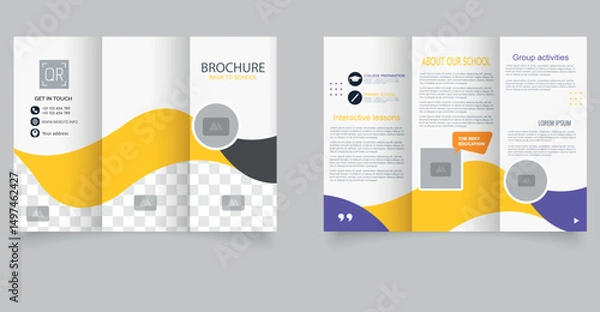Fototapeta Back to School Brochure Template. Modern Trifold Design for Education Promotion. Stylish back-to-school brochure trifold template featuring a wave layout in yellow, gray, and purple