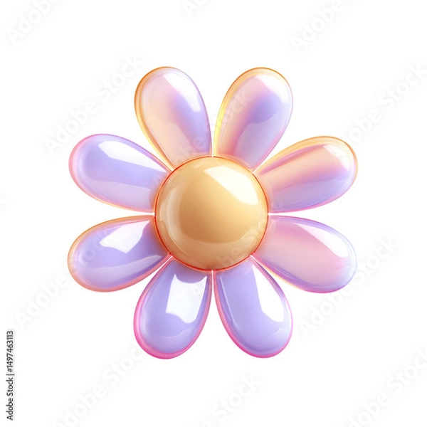 Fototapeta Vibrant pastel 3D icon depicting a cheerful blooming flower with a soft luminous center and delicate shimmering petals set against a serene white background
