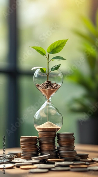 Obraz young plant sprouts from an hourglass filled with sand supported by a stack of coins.