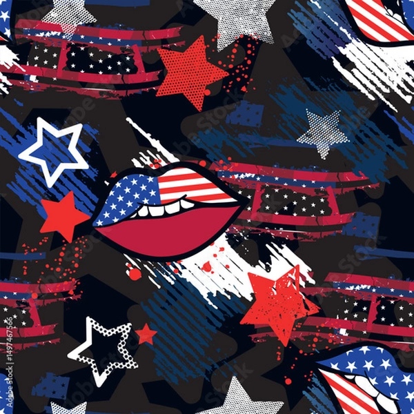 Fototapeta Hand drawn seamless american pattern  with lips for sport textile, clothes, wrapping paper. Independence repeated Background
