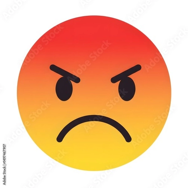 Obraz a circular emoji with an triangular gradient of orange to yellow. The emoji has a frowning face with furrowed brows, indicating a negative or angry expression.