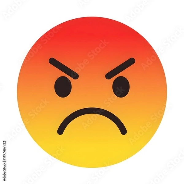 Obraz a circular emoji with an triangular gradient of orange to yellow. The emoji has a frowning face with furrowed brows, indicating a negative or angry expression.