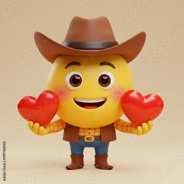 Fototapeta A smiling emoji character dressed as a cowboy, holding two red hearts in its hands.