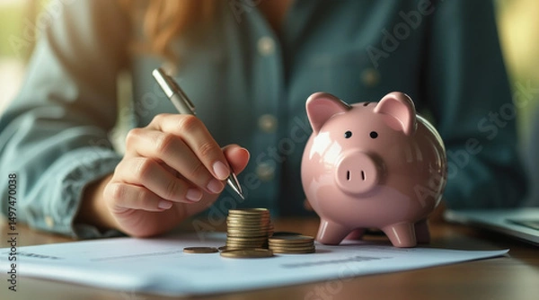 Obraz woman carefully writes on a financial document near a piggy bank filled with coins.