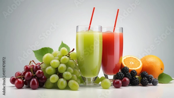 Fototapeta Two glasses of red and green fruit juice with straws, surrounded by fresh grapes, berries, oranges, and leaves on a white table with a neutral background.