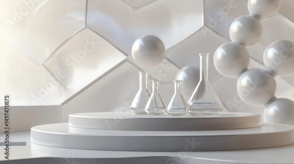 Fototapeta Abstract scientific lab display, glass beakers, and spheres on white podium, use for product showcase, presentation
