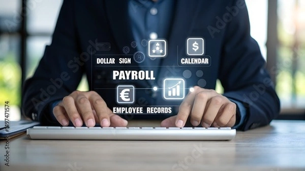 Obraz Payroll Management and Salary Processing System. Businesswoman calculates payroll, with icons representing employee salaries management, payment scheduling, efficient payroll, financial documentation,