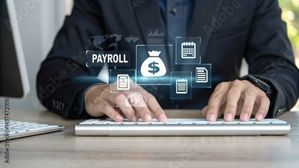 Obraz Payroll Management and Salary Processing System. Businesswoman calculates payroll, with icons representing employee salaries management, payment scheduling, efficient payroll, financial documentation,
