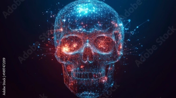 Fototapeta Abstract skull, digital art, glowing network.  Possible use wallpaper, poster, background design