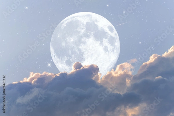 Obraz Beautiful blue astrological background with a full moon emerging from clouds with a scattering of stars