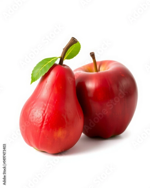 Fototapeta Fresh red pear with a green leaf next to a red apple, both isolated on a white background, showing a bright color and smooth texture. 