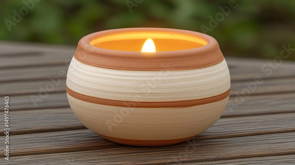 Fototapeta Rustic Terracotta Candle Holder with Warm LED Flame  Perfect for Home Decor