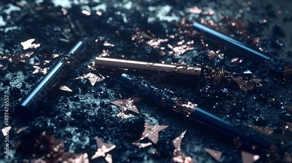 Fototapeta Abstract Dark Blue Metallic Objects Scattered on a Textured Surface