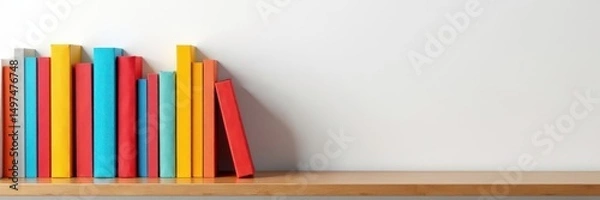 Fototapeta Neatly stacked colorful books on wooden shelf against white wall, novels, study