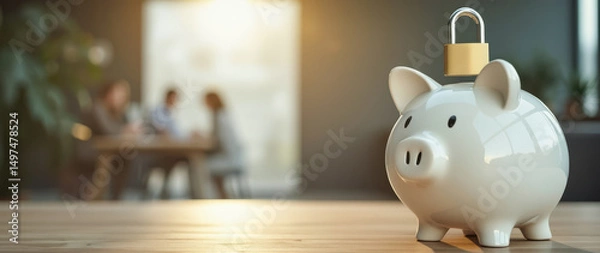 Obraz ceramic piggy bank secured with a golden padlock sits on a wooden surface.