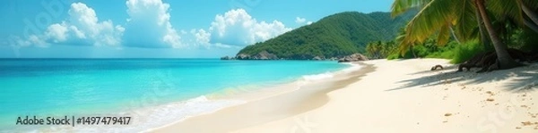 Obraz Sun-drenched sand, turquoise waves lap gently on shore, lush island backdrop ,  relax,  coast