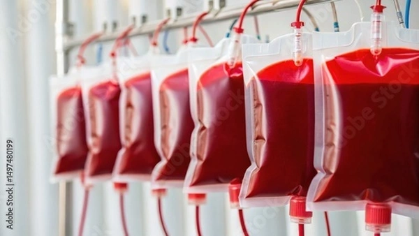 Fototapeta Blood bags lined on a rack for transfusion in a medical facility or hospital setting