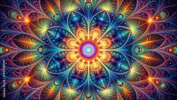 Fototapeta Cosmic Bloom Fractal Symphony of Colors and Light, fractal art, abstract art, digital art, psychedelic art