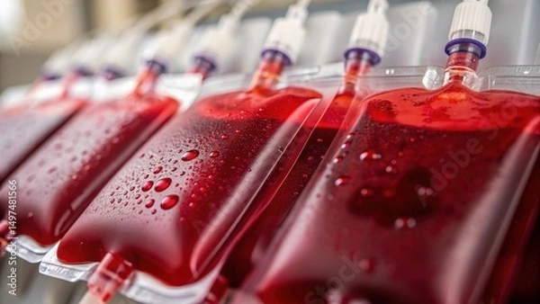 Fototapeta Red Blood Bags on Medical Rack with Water Droplets and Soft Focus Background