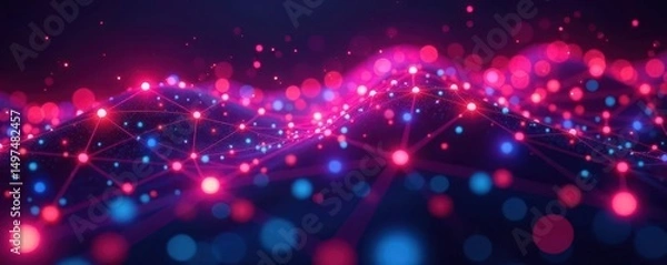 Fototapeta Abstract glowing neon grid, digital nodes connect , lines, dark