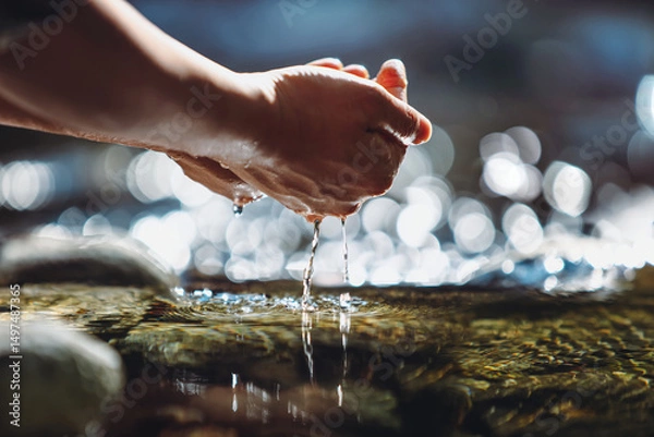 Obraz Drink the clear and clean water of the clean stream in your hand, the precious water of life, World Water Day background
