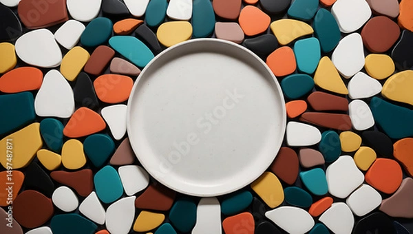 Obraz Modern Abstract Mosaic Art with Speckled White Center and Multicolored Stone Border in Circular Layout