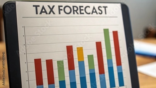 Fototapeta Detailed Tax Forecast Chart with Colorful Bar Graphs on Wooden Table Background