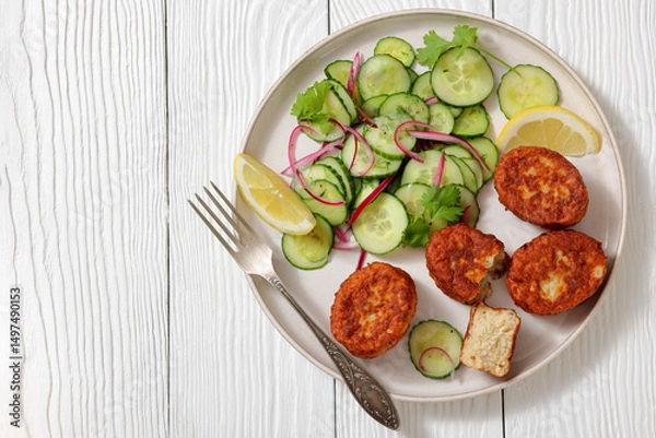 Obraz dutch fish cakes with cucumber salad on a plate