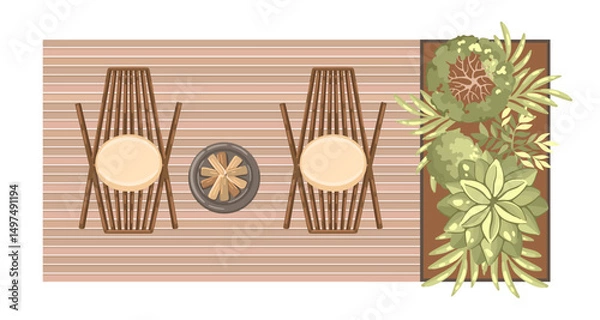 Fototapeta Top view of wooden patio furniture set. Entourage design for architectural floor plans. Vector.