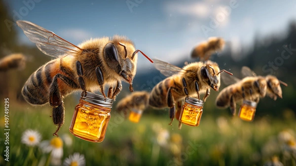 Obraz Bees flying energetically, each carrying tiny glass jars full of golden honey