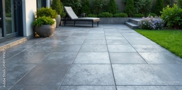 Obraz Non-slip grey patio tiles, realistic concrete effect , top view, backdrop